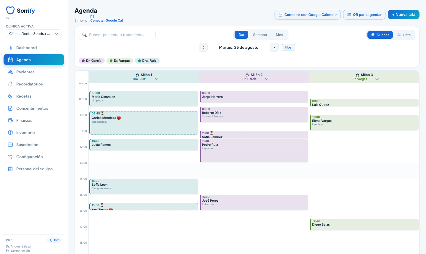 Agenda de Sorrify por sillón y por profesional