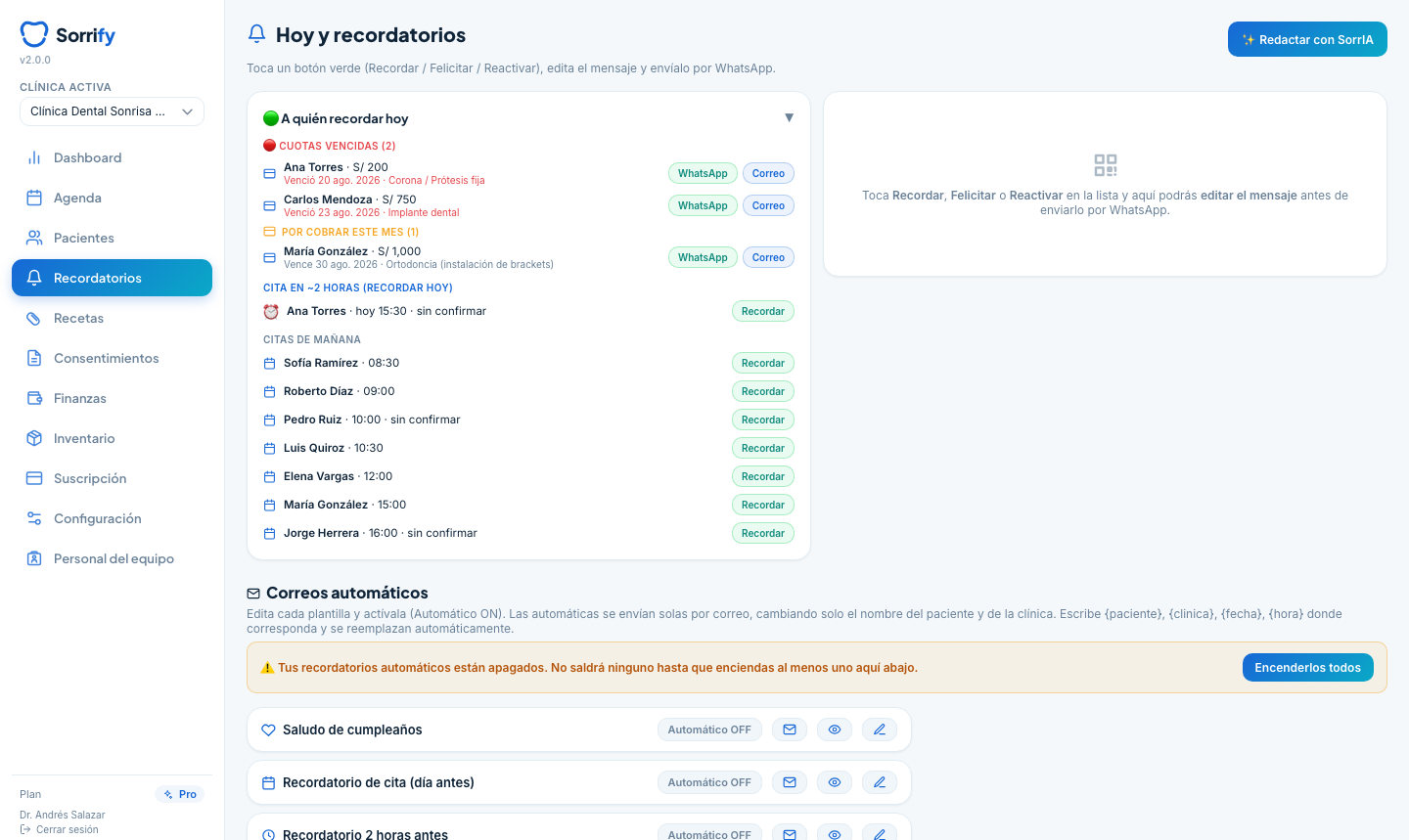 Panel de recordatorios de Sorrify